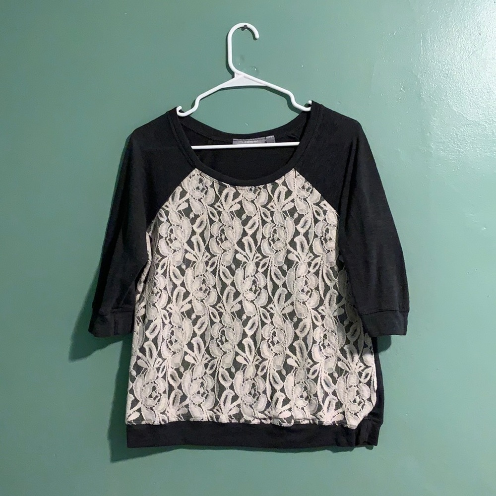 NY Collection Dark Gray Lace Shirt with Elbow-Length Sleeves